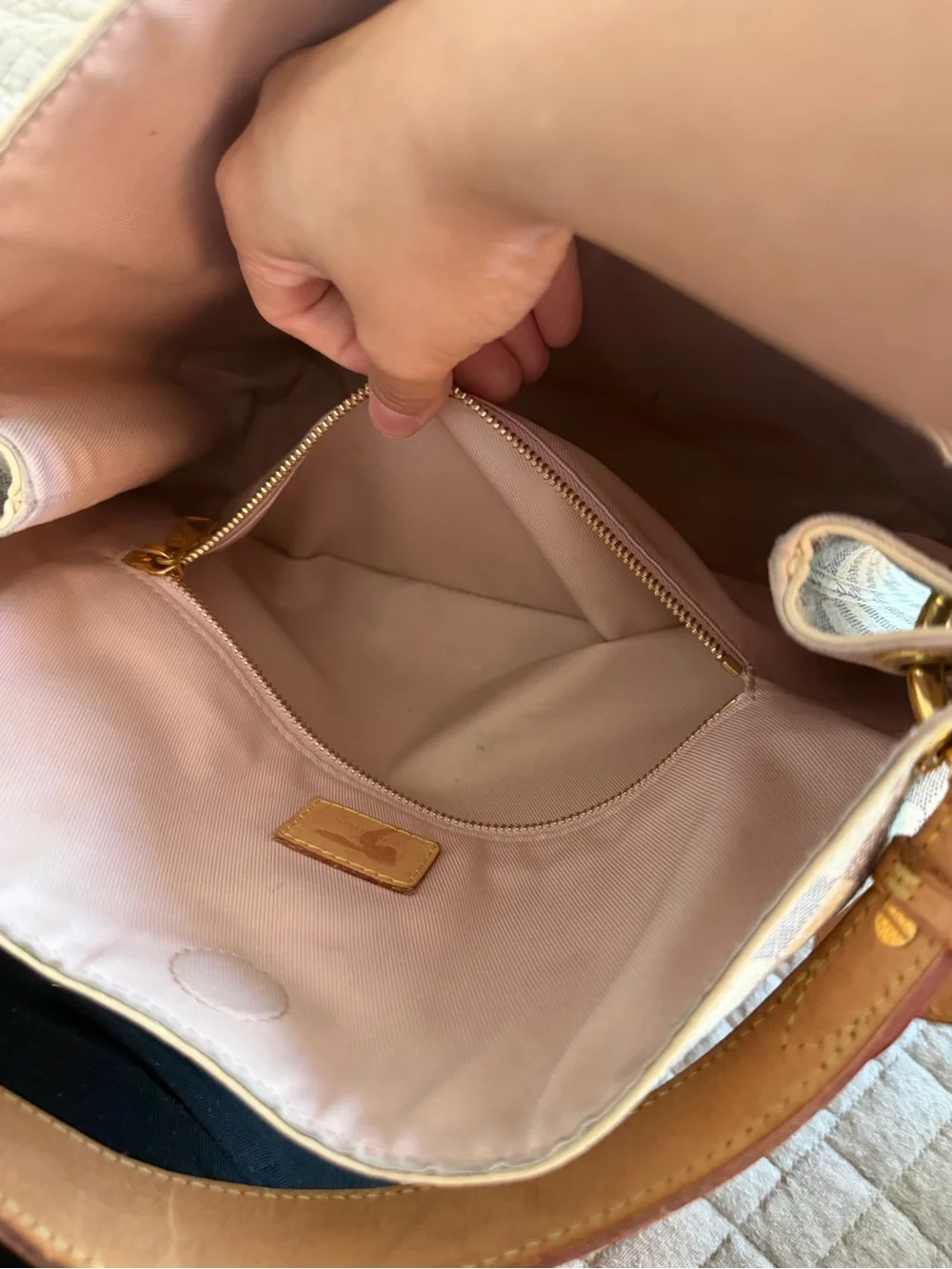 Louis Vuitton Damier Azur Check Shoulder Bag with Tan Leather Trim